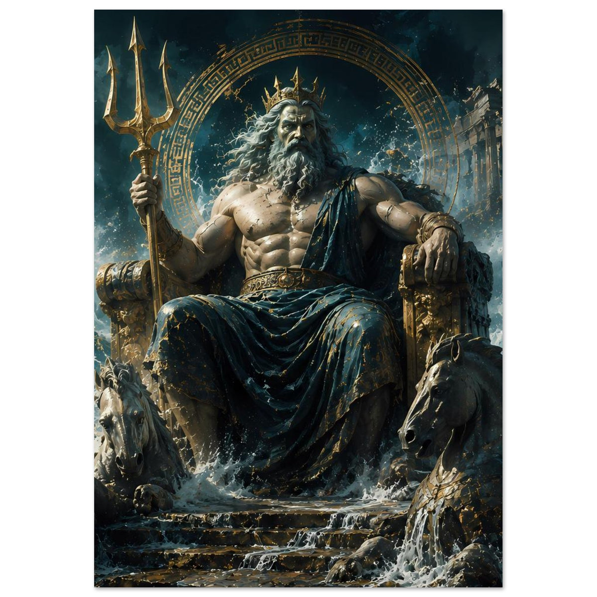 Poster mit Poseidon-Statue auf Thron, Meeresschaum, dreizackige Hand erhoben