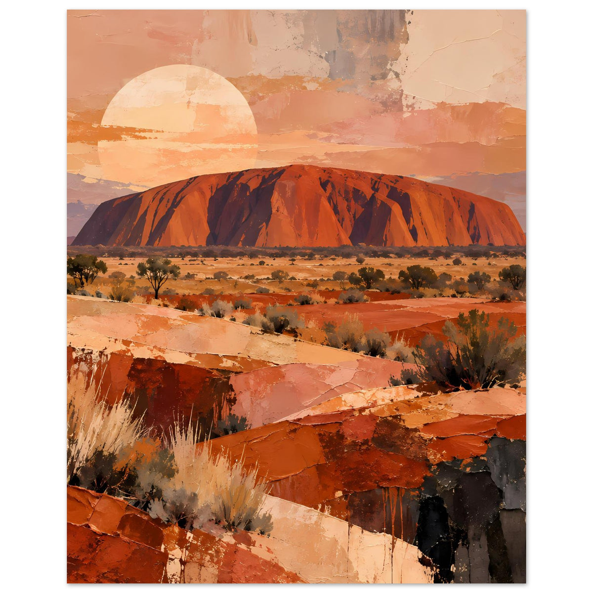 Poster im Hochformat mit Uluru-Wüstenlandschaft, Halbsonne und warmen Erdtönen