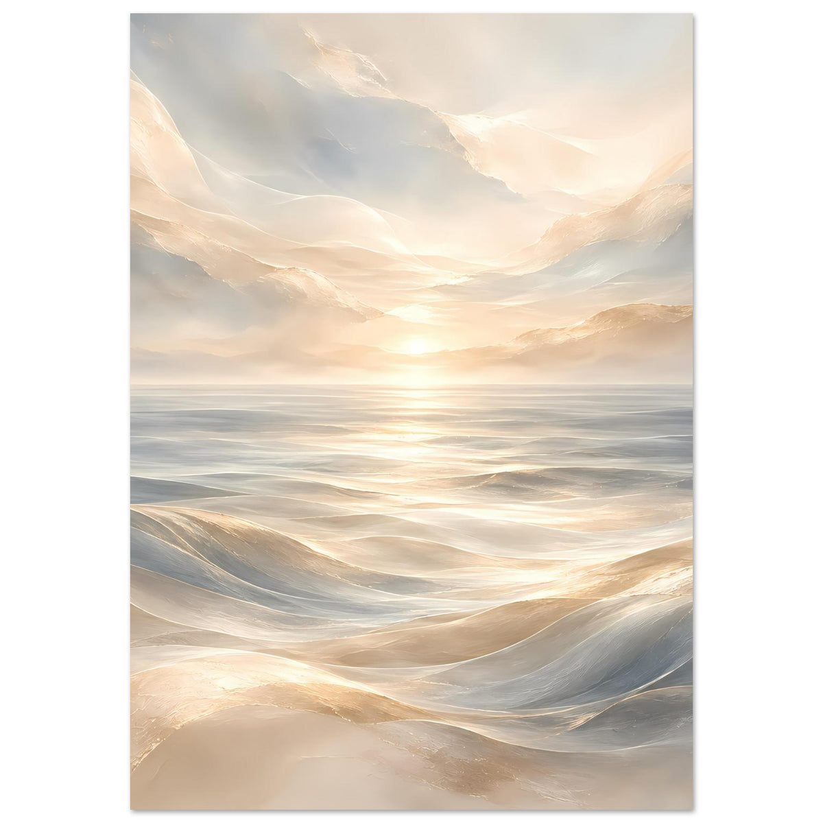 Wandposter Meereswellen mit heller Morgensonne, sanfte Wolken, beige-graue Farbpalette
