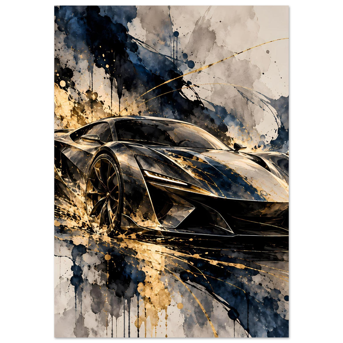 Poster: schwarzer Supersportwagen mit Goldakzenten, vordere Motorhaube im Fokus – Hochformat