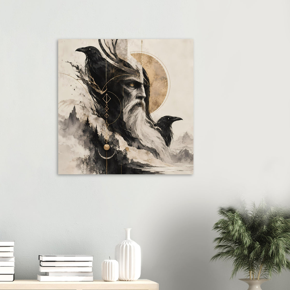 Kunstposter im Querformat: Profil mit Bart, schwarzer Krähe und goldenen Symbolen