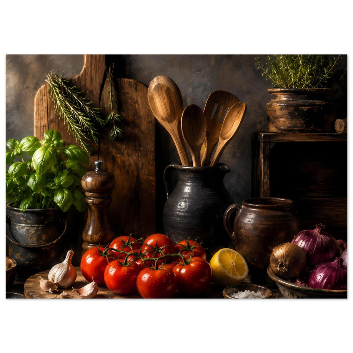 Küchenposter im Querformat: Tomatenbouquet, Kräuter und Holzlöffel in schwarzen Gefäßen