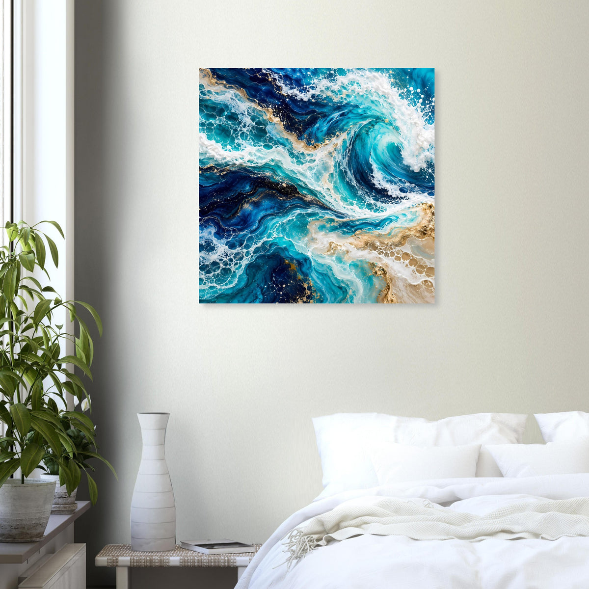 Quadratisches Poster mit blauen Wellenwirbeln und beigen Schaum-Highlights