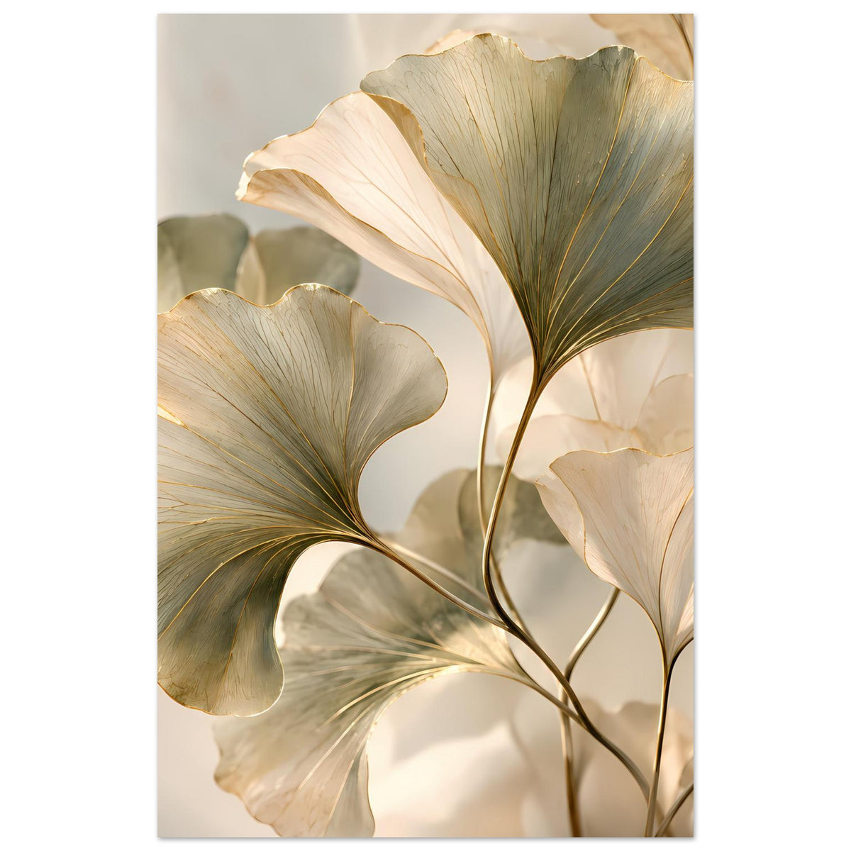 Botanisches Blätterposter, großes cremefarbenes Blatt mit goldenen Adern und grünlichen Tönen