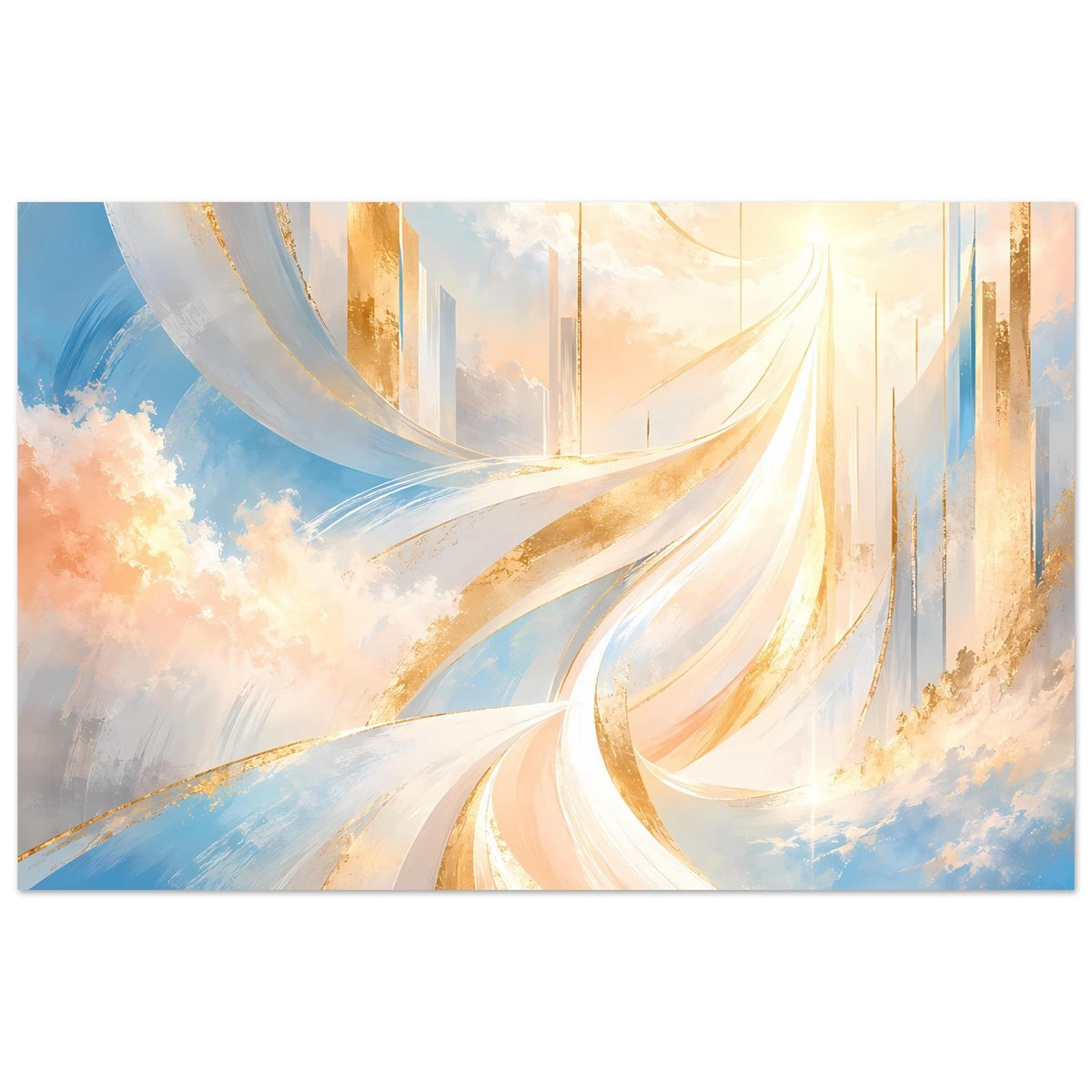 Abstraktes Poster mit geschwungenen Bändern in Blau, Gold und Creme vor wolkigem Himmel
