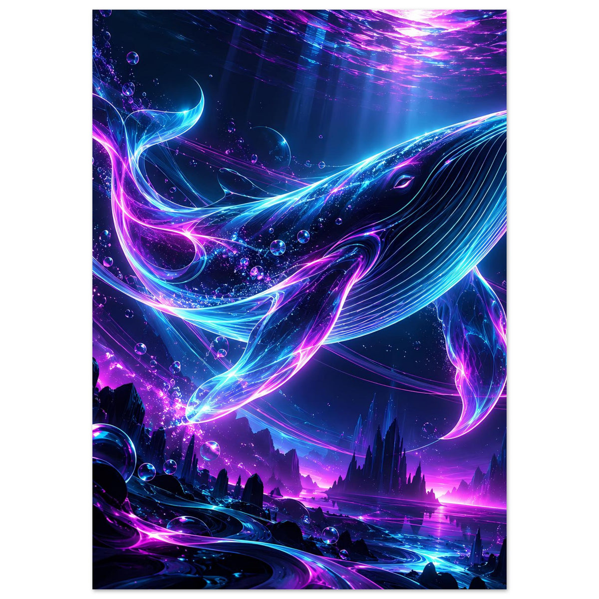 Unterwasserposter: Neon-Wal mit leuchtenden Pink- und Blaulinien, Blasen und Wellen