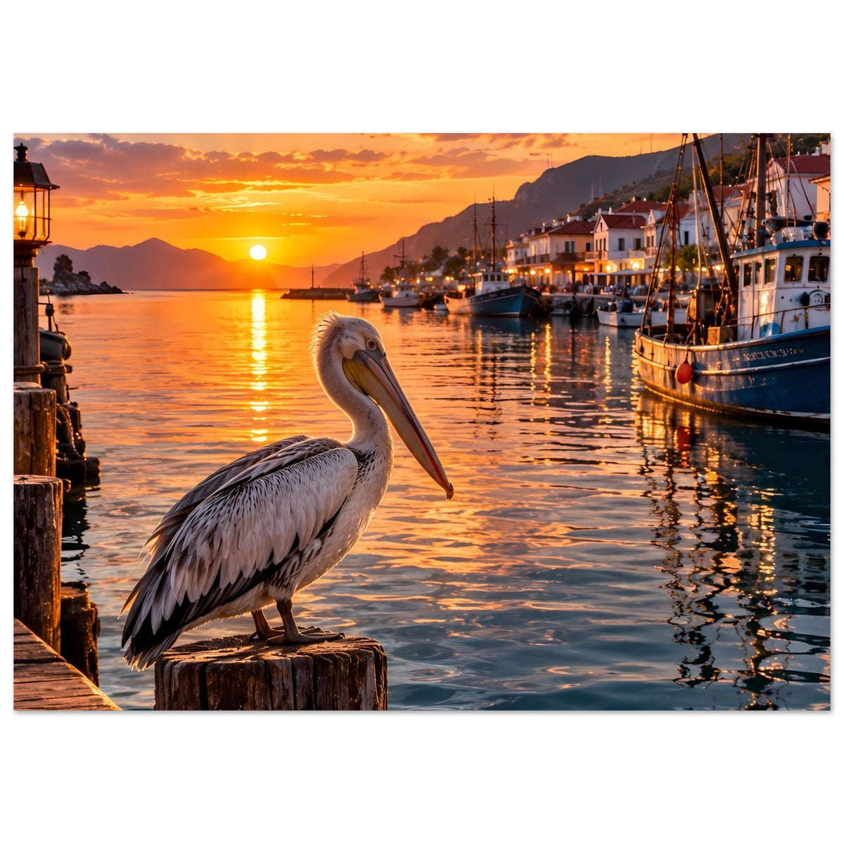 Poster: Pelikan auf Holzpfahl am Wasser, Sonnenuntergang über ruhigem Hafenbecken