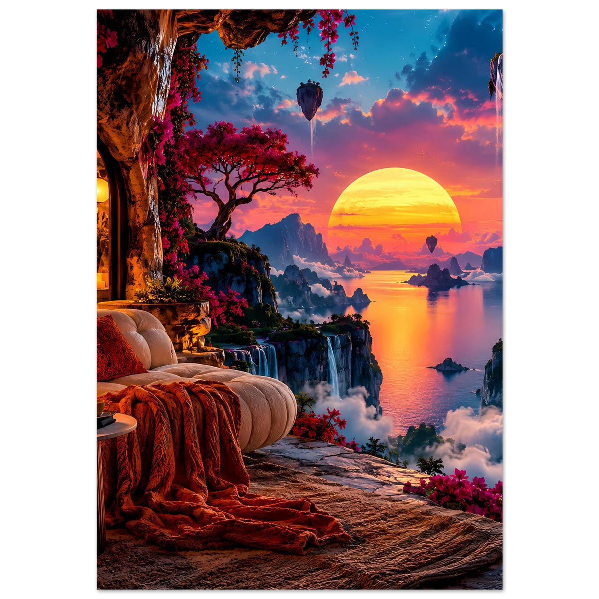 Poster mit Traumlandschaft: goldene Sonne, ruhiger See, Berge, Wasserfälle und Blumen am Ufer.