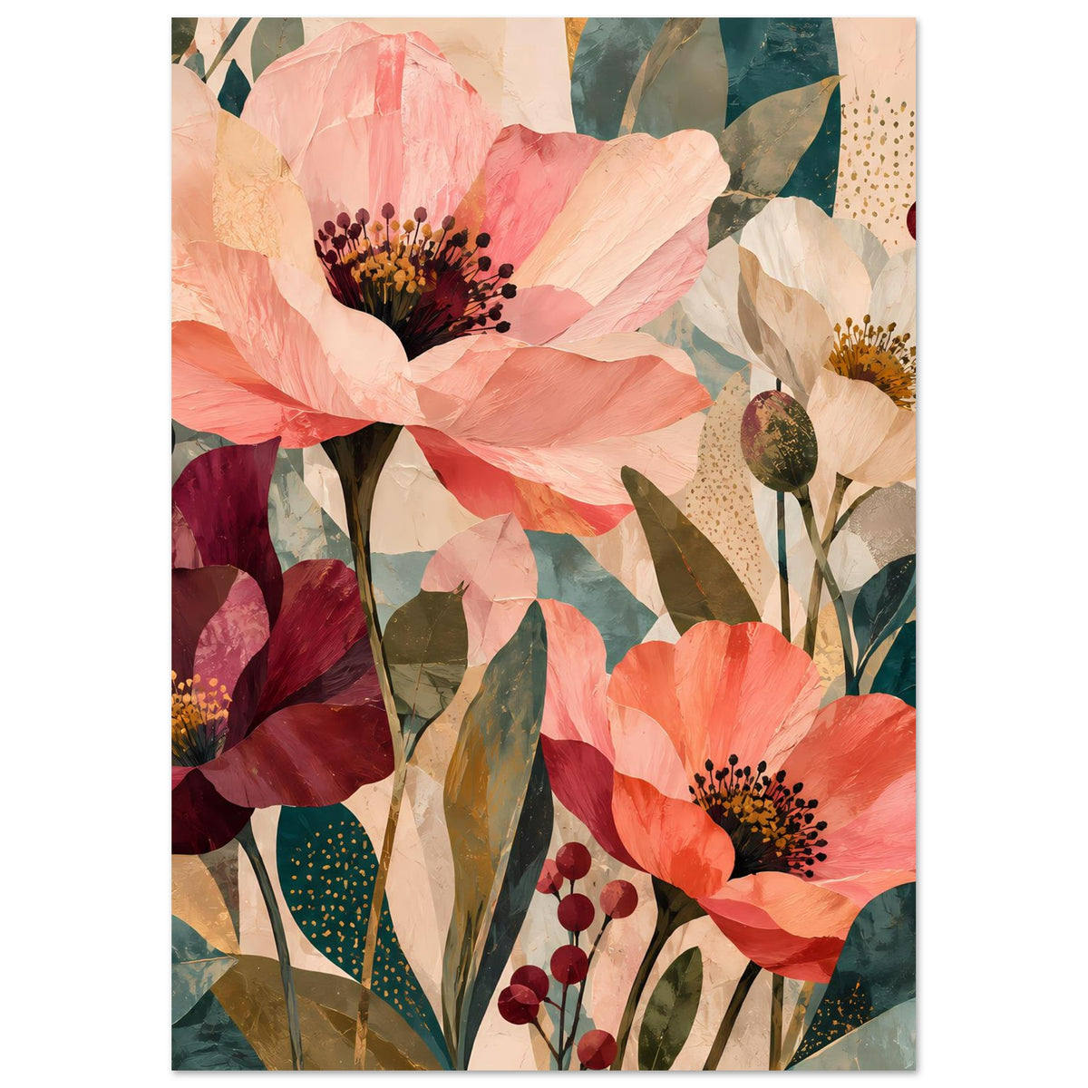 Blumenmotiv-Poster mit Korallen- und Burgunderblüten, schmalen Blättern und feinen Pünktchen