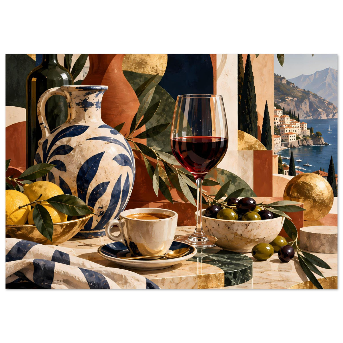 Horizontales Poster-Stilleben: Keramikvase, rotes Weinglas, Oliven in Schale und Küste