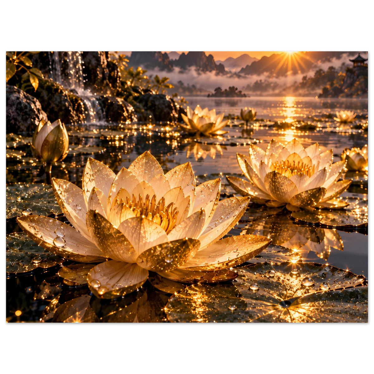 Horizontales Lotus-Blumenposter mit goldenen Lotosblüten auf Wasser voller Lichtpunkte