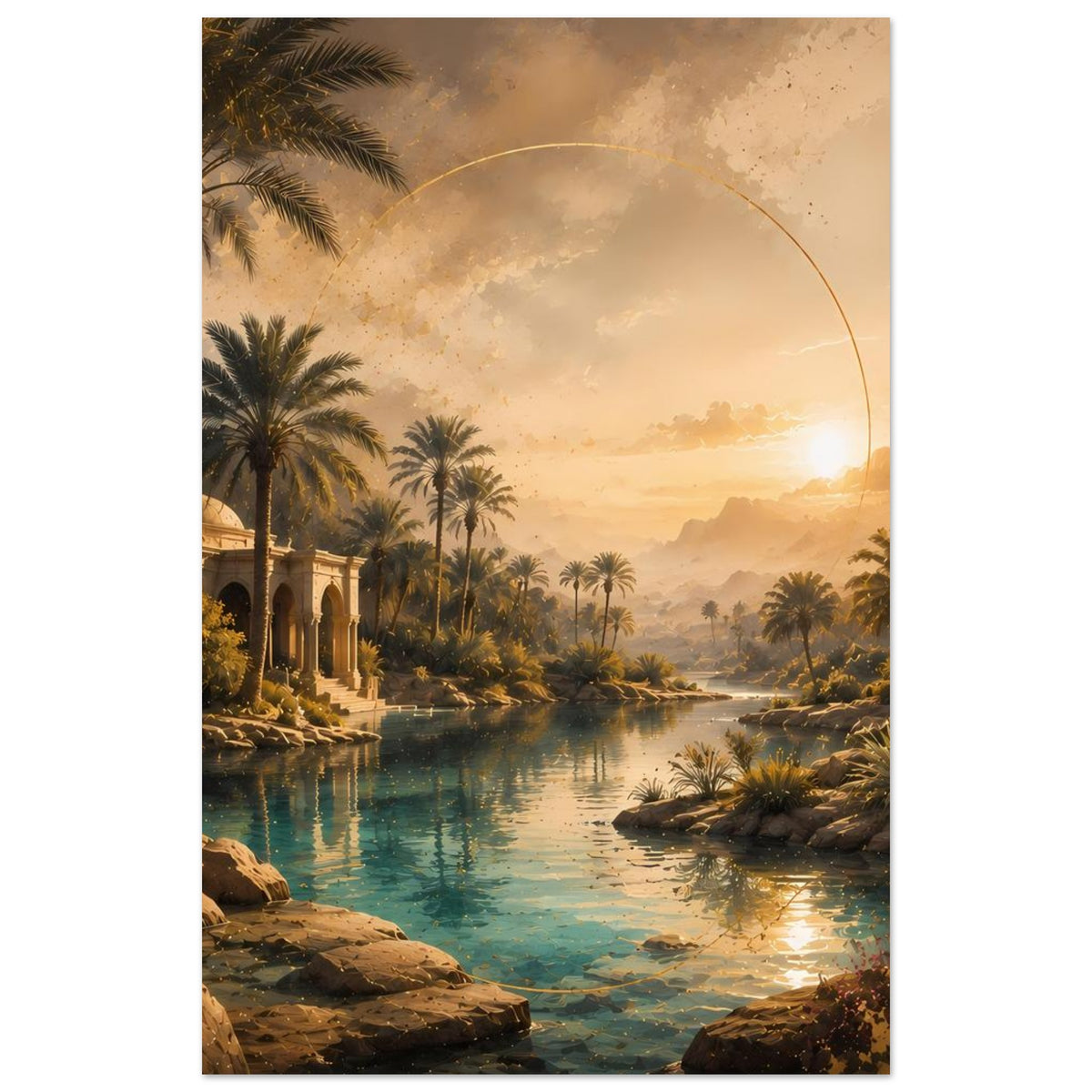 Wandposter mit Palmen, türkisblauem See und orientalischem Pavillon am linken Bildrand