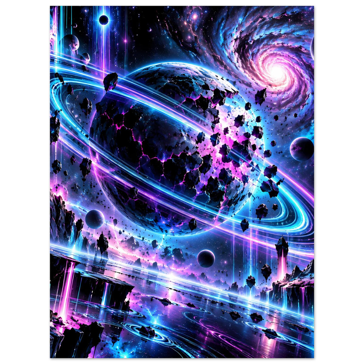 Neon-Galaxie-Poster im Hochformat: blaue Neonringe, lila Nebel und dunkle Figuren