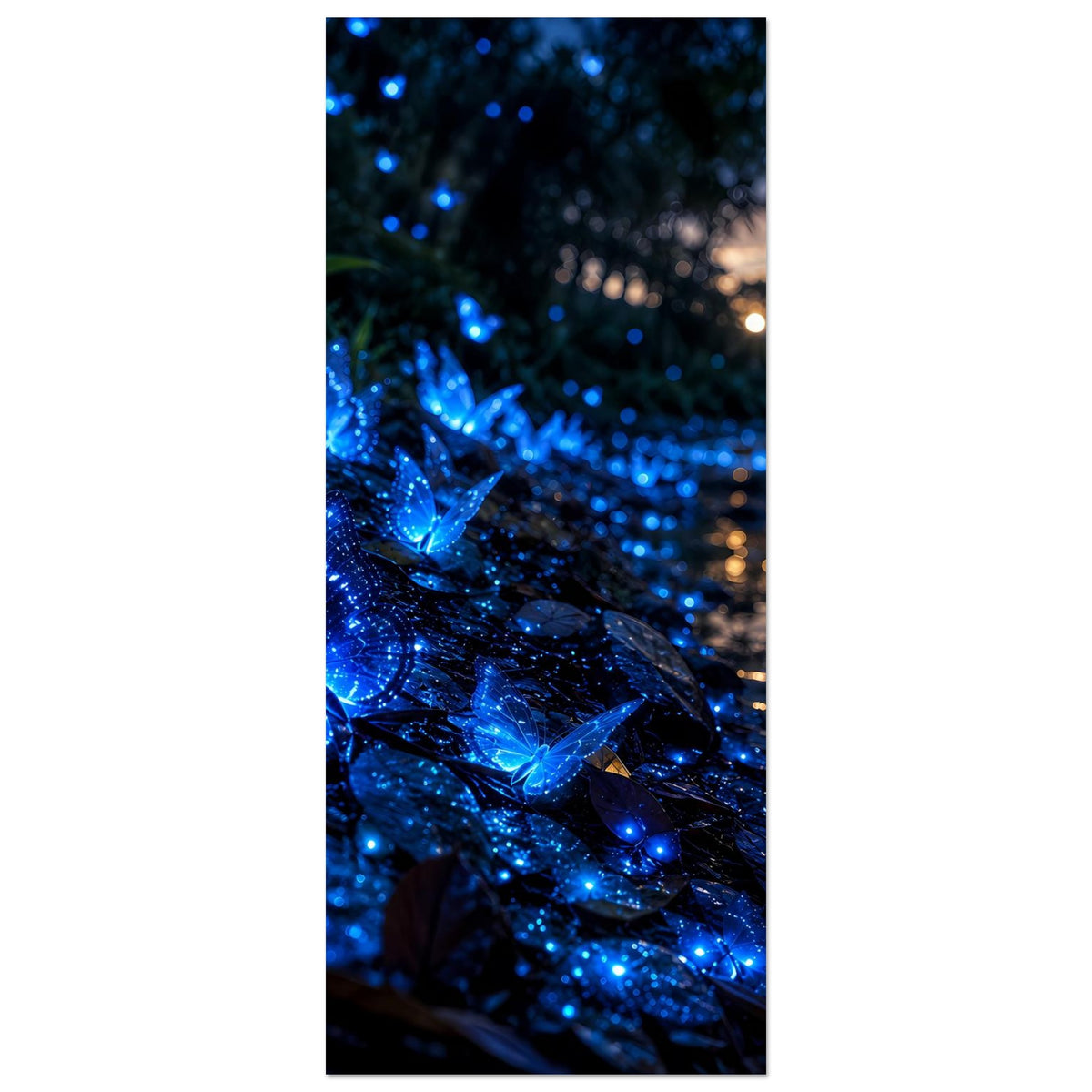 Poster im Hochformat mit leuchtendem blauem Schmetterling und Glitzer-Lichtern