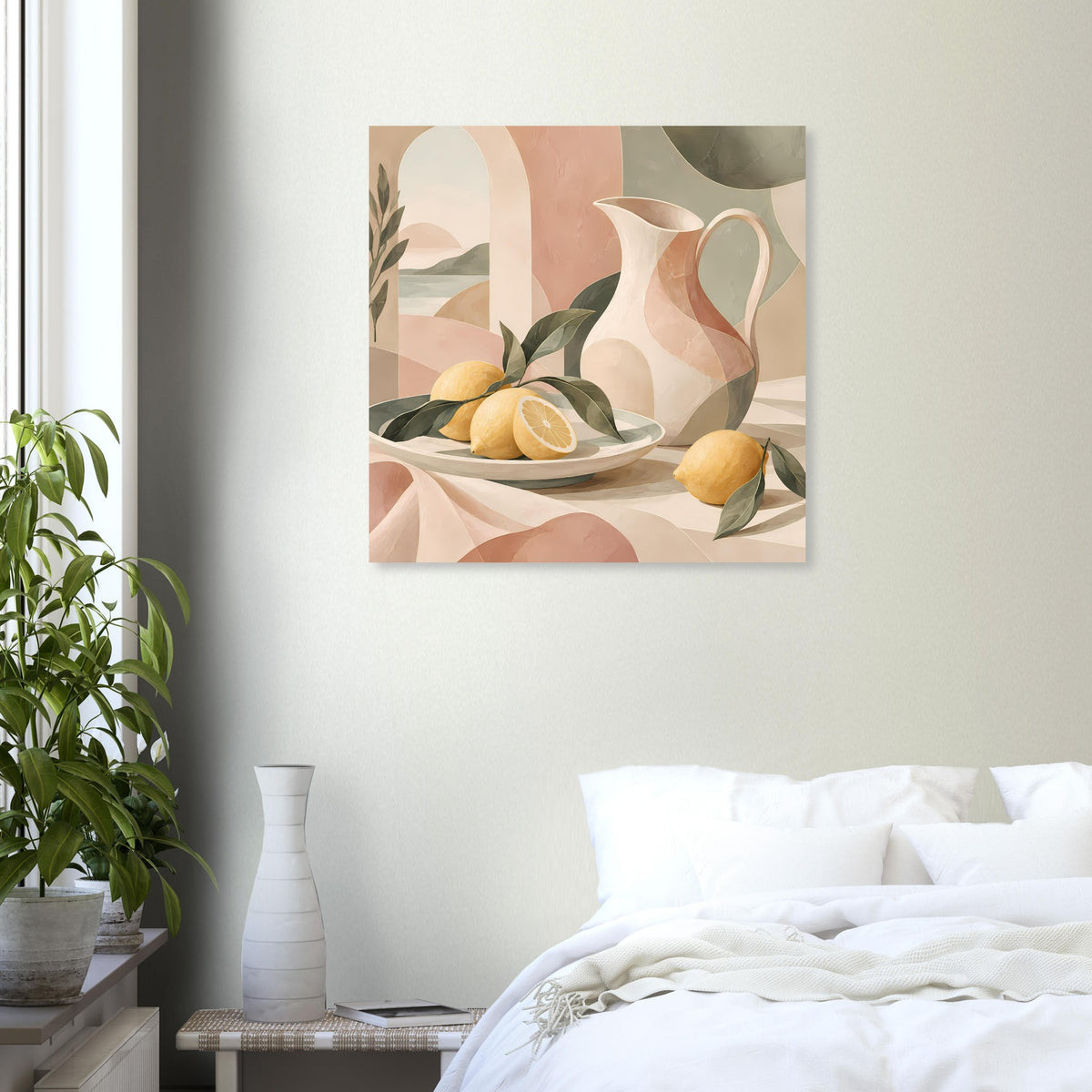 Mediterranes Stillleben-Poster mit Zitronen auf Schale, Vase und Blattzweigen, abstrakt.
