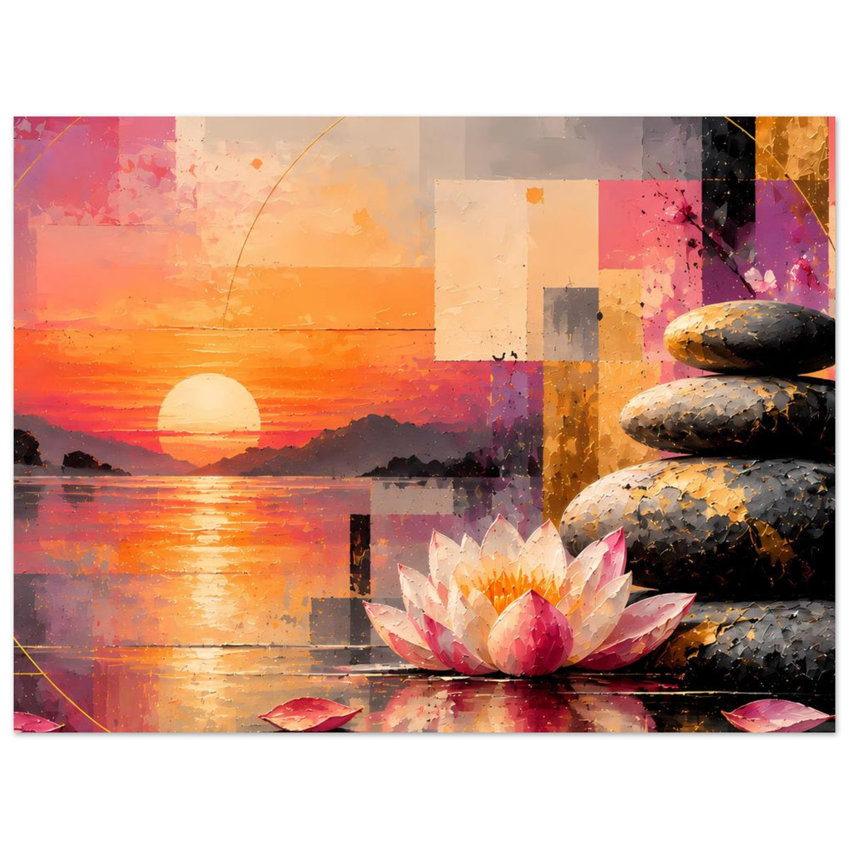 Kunstdruck im Querformat: Sonnenuntergang, Lotusblüte, Steinstapel und abstrakte Blockformen