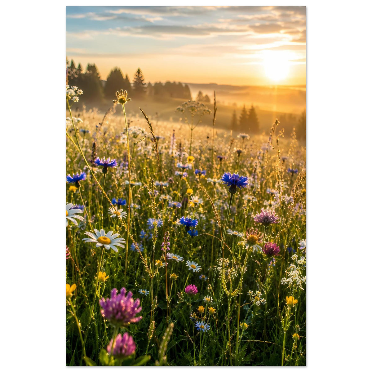Vertikales Poster: Sommerwiese mit bunten Blüten und sanftem Nebel bei Sonnenuntergang.