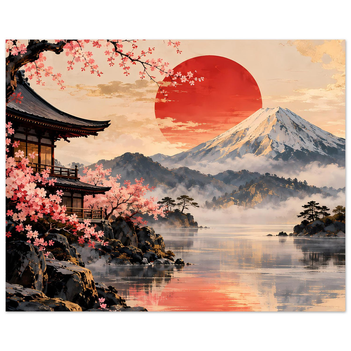 Poster mit japanischer Abendlandschaft: Kirschblüten am Rand, Pagode, Berge, ruhiger See, roter Himmel
