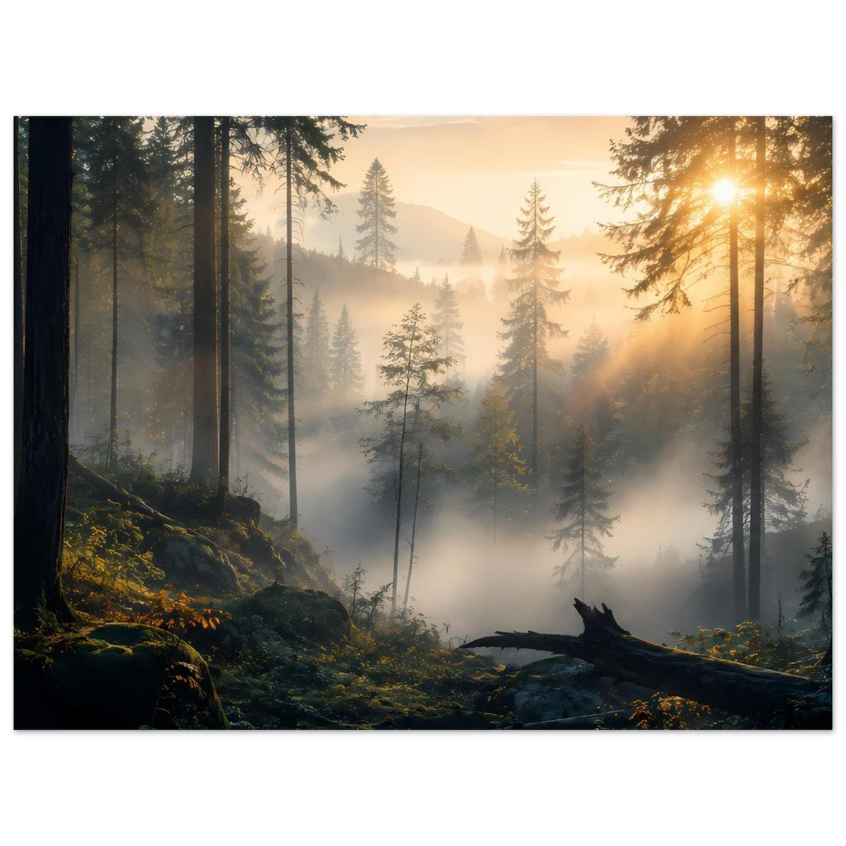Waldposter mit hellem Sonnenkreis im Tannenwald, Nebel, Waldlichtung und Baumstamm