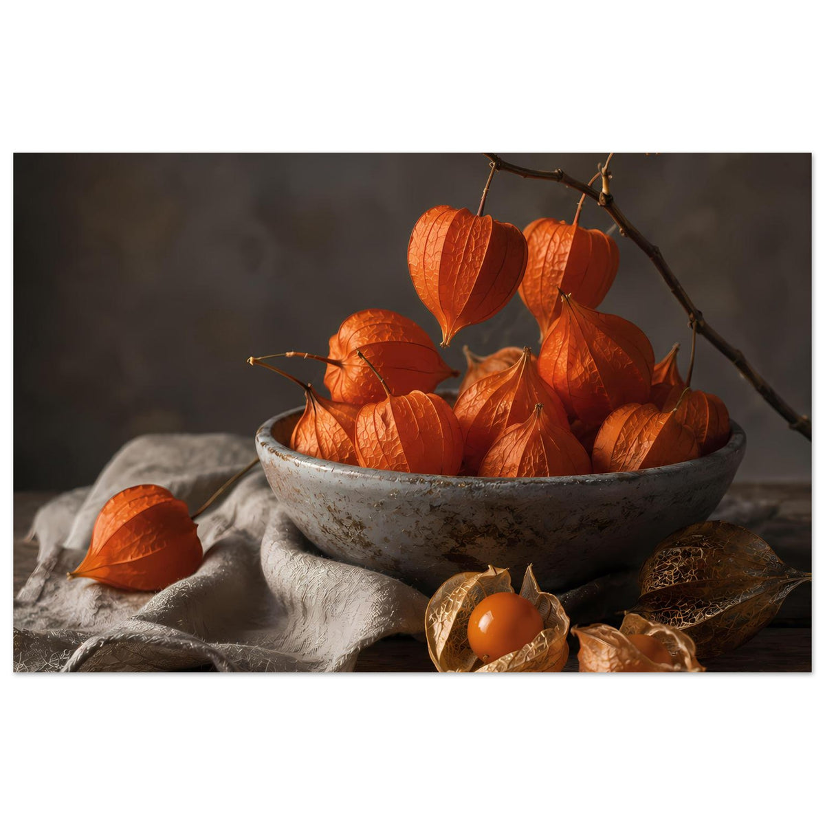 Herbstposter, Querformat: orangefarbene Kürbisfrüchte in Schale mit Zweig und Blättern