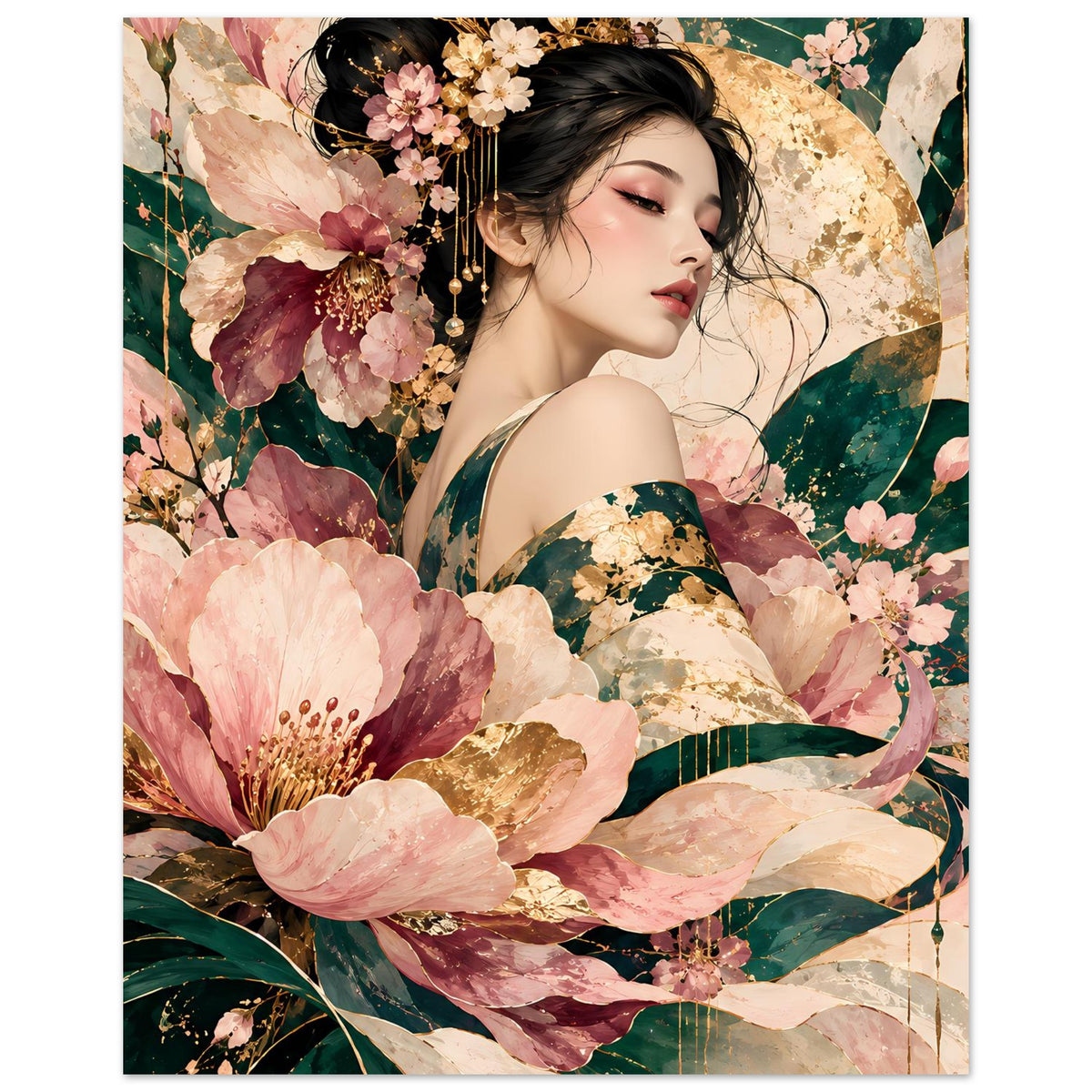 Vertikales Poster mit Frauenporträt, Blumenkranz und goldenen Schmuckdetails