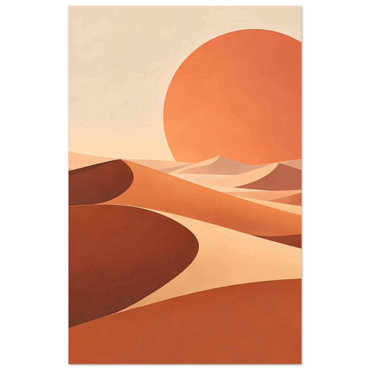 Abstraktes Wandposter im Hochformat: orange Sonne über Dünen in Rost- und Ockerfarben