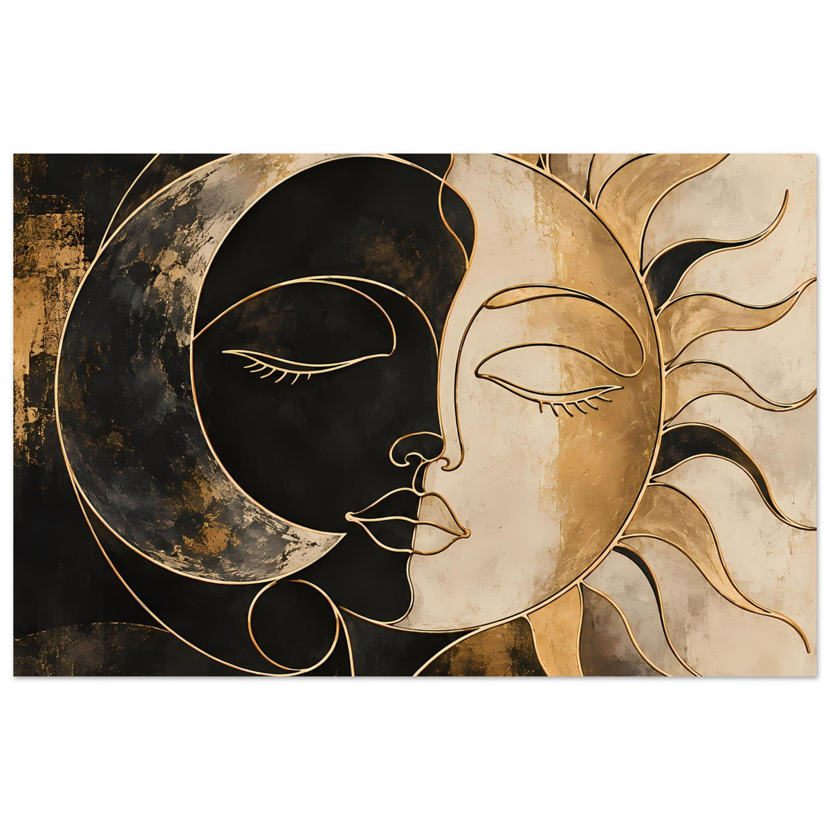 Breitformat-Kunstposter mit Halbmond- und Sonnengesicht, goldene Strahlen, Schwarz, Creme
