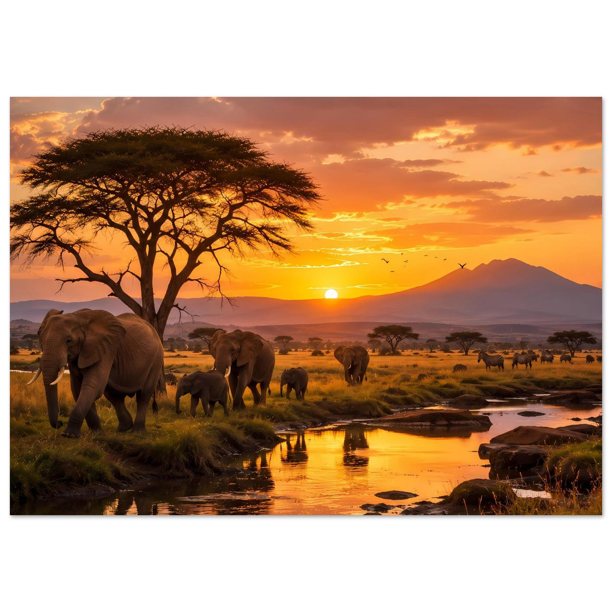 Poster mit Elefanten und Flusslandschaft, Savanne im warmen Licht des Sonnenuntergangs