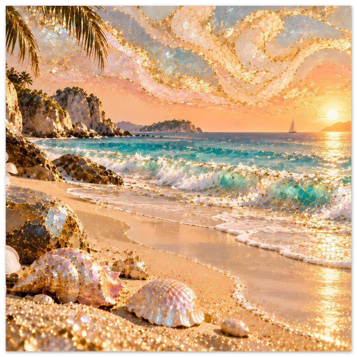 Quadratisches Poster mit Strand-Sunset, Muscheln am Ufer und glitzernden Mosaikakzenten