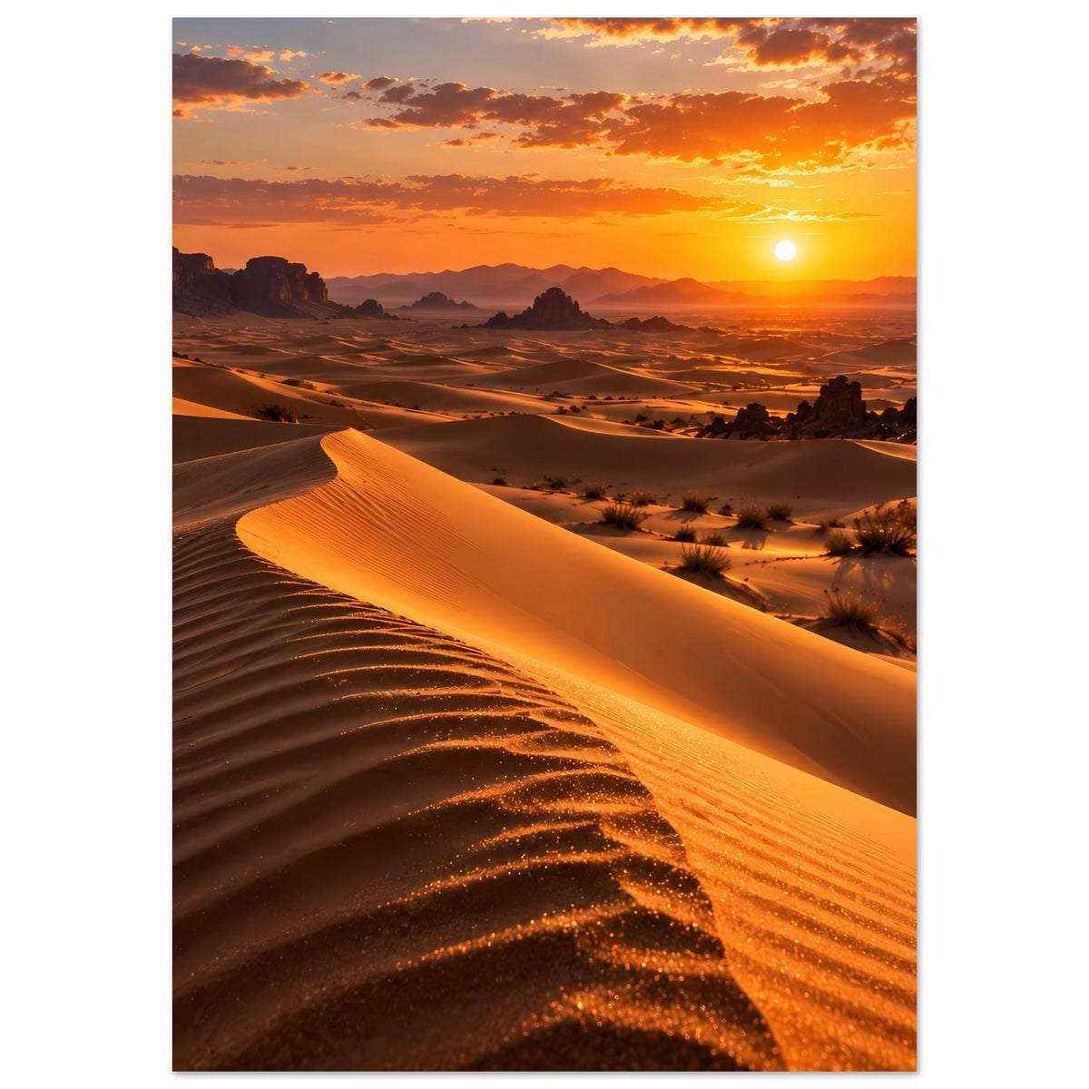 Wüstenlandschaft-Poster mit gold leuchtender Dünenlinie und heller Sonne am Himmel