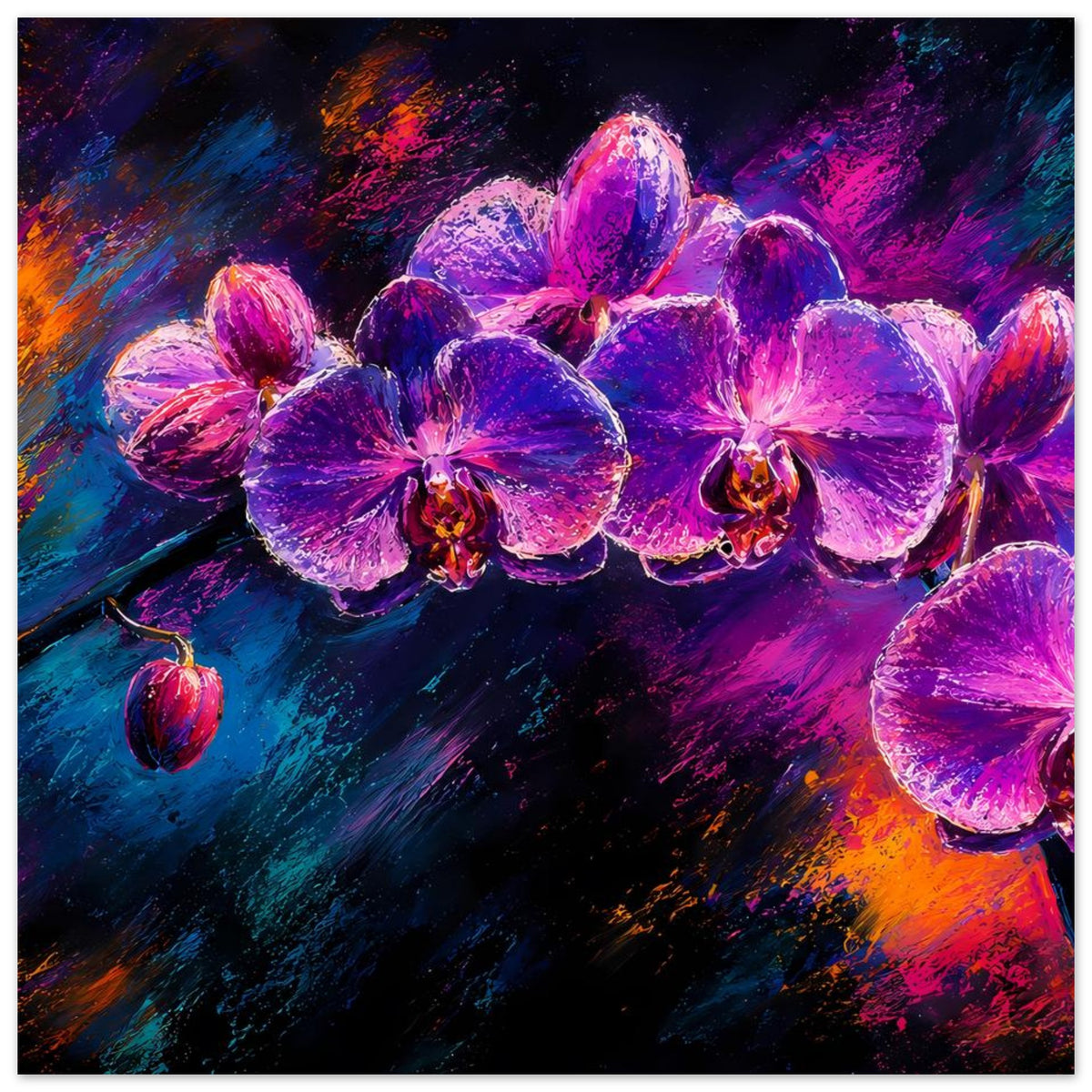 Blumenposter mit violetten Orchideenblüten und leuchtenden Farbwirbeln, im Querformat