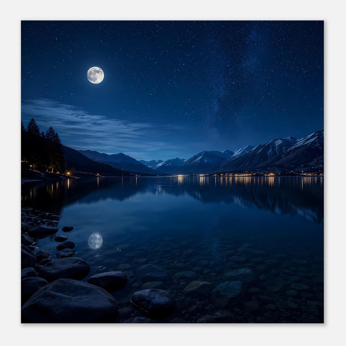 Poster mit Mond am Nachthimmel, Bergsee-Reflexion, Kiesufer und klaren Sternelementen