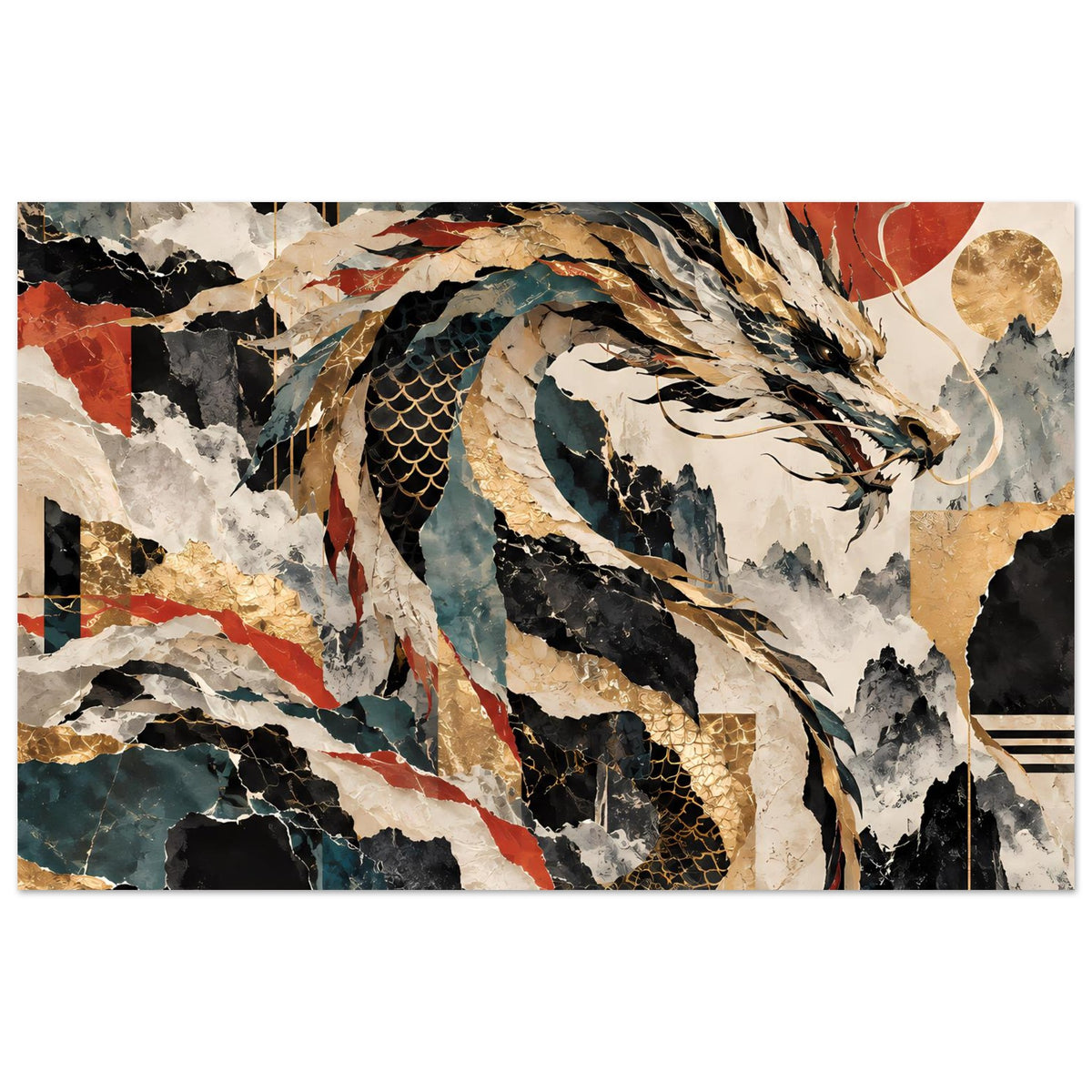 Abstraktes Drachenposter mit Gold-Akzenten, blau-schwarzen Flächen und rotem Muster, horizontal