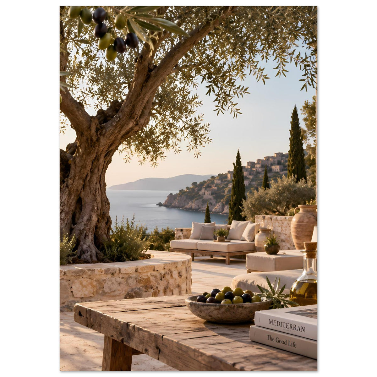 Mediterranes Landschaftsposter mit Olivenbaum, Steinstufen, Terrasse und Olivenschale