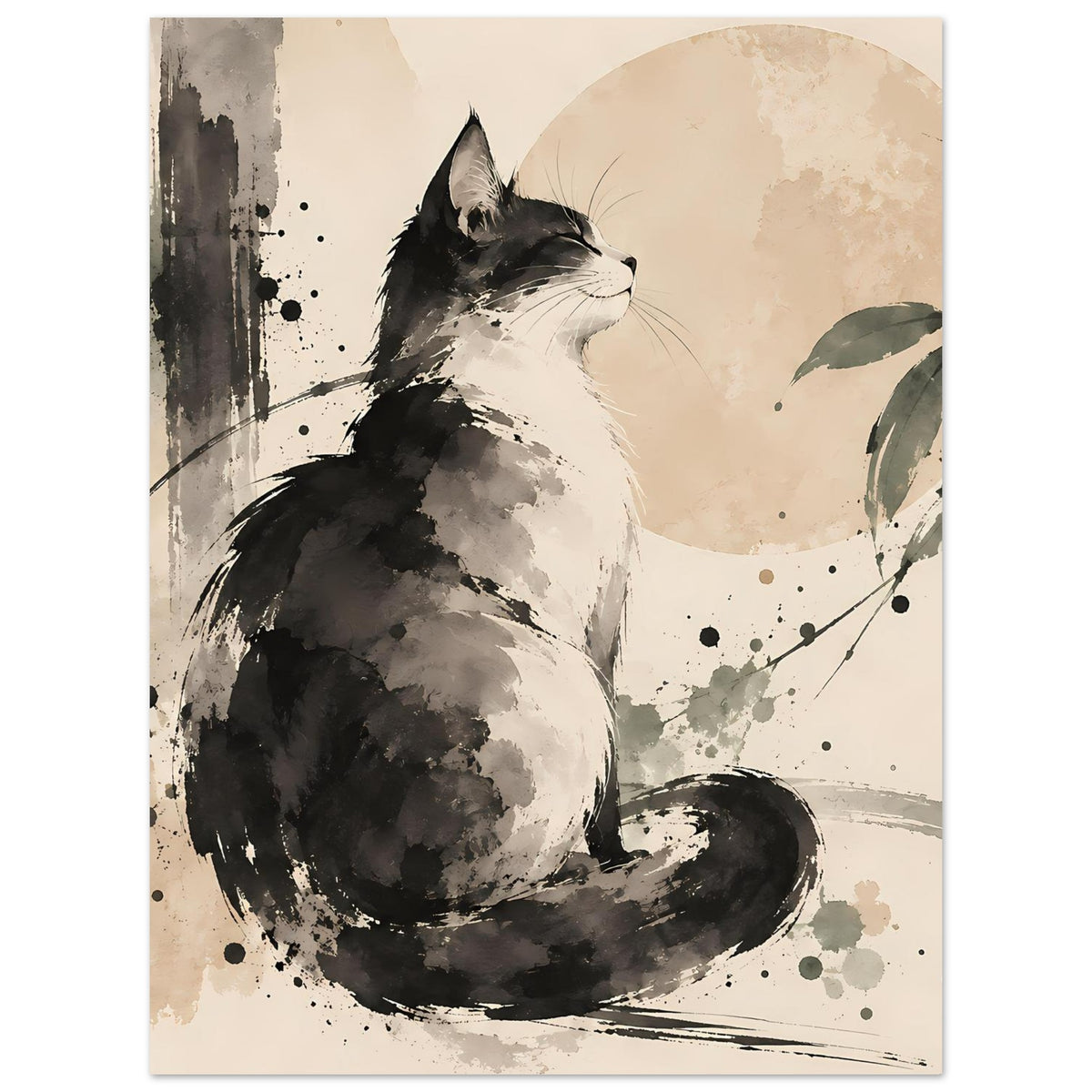 Poster im Hochformat: sitzende Katze in Schwarz-Grau, Aquarellspritzer und Blätter