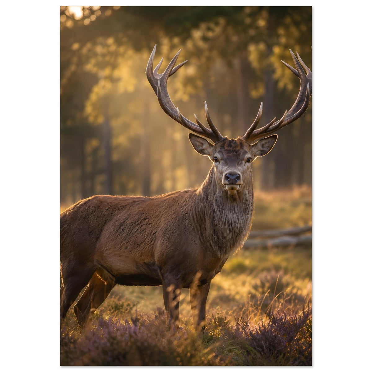 Hirschposter mit braunem Hirsch und markantem Geweih im Herbstwald