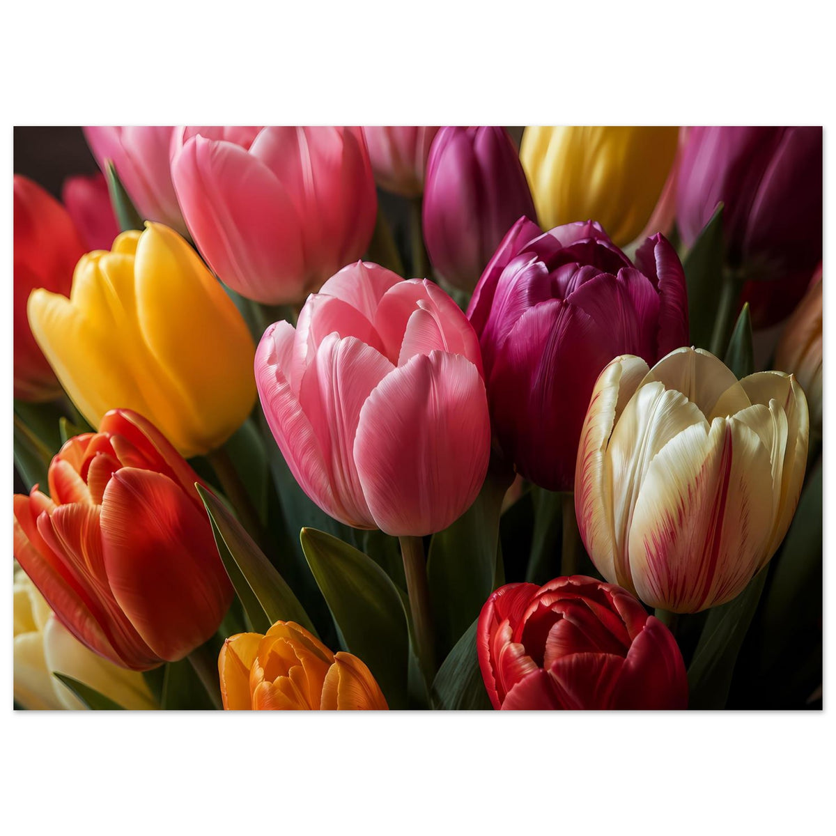 Tulpenstrauß-Poster im Querformat: gelbe, orange und rote Tulpen neben pinken und cremefarbenen