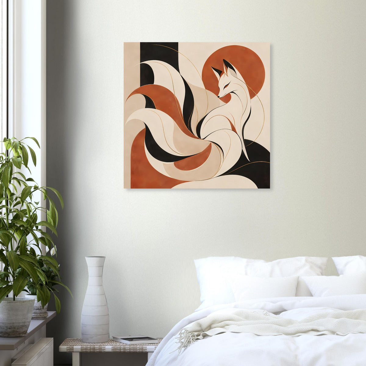 Wandposter mit Fuchsgeist-Illustration in warmen Braun-, Orange- und Schwarztönen