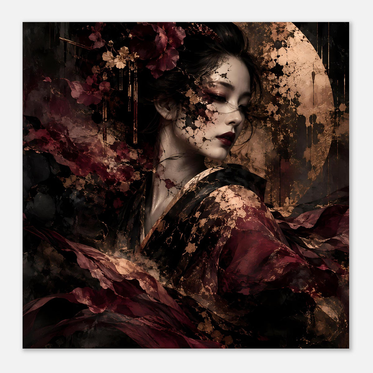 Gerahmtes Kunstposter im Querformat mit abstraktem Frauenporträt in Bordeaux, Schwarz, Gold