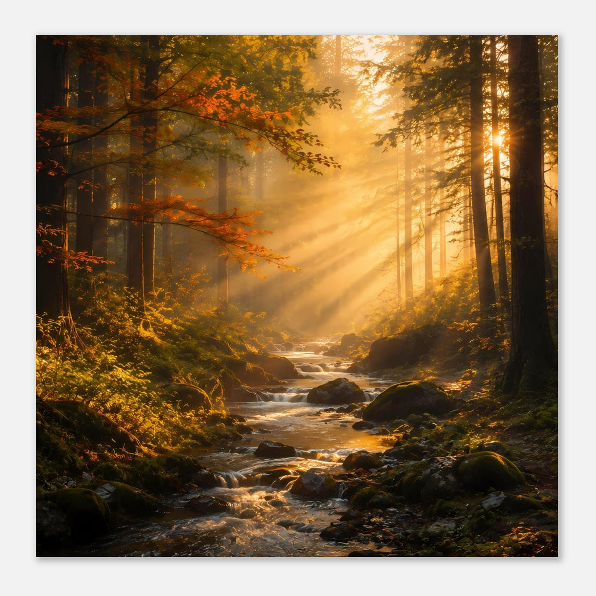 Quadratisches Wandposter mit Sonnenaufgang im Herbstwald, Bach und Steine im Vordergrund
