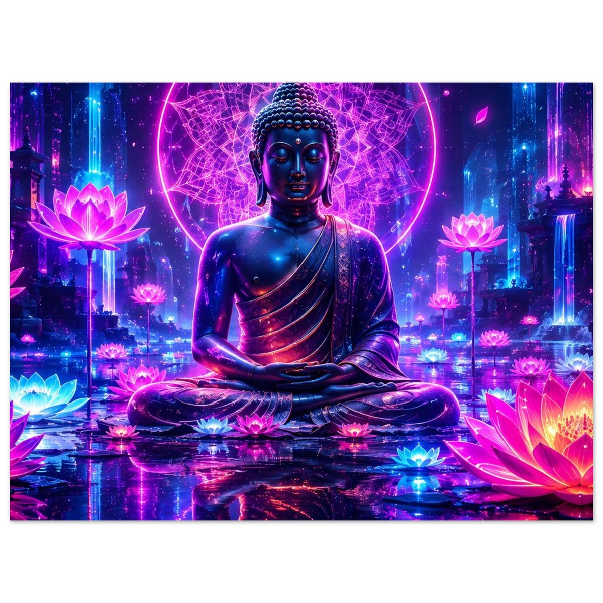 Meditations-Buddha auf Lotusblüten, blauer Ton und rosafarbene Neonlotus im Motiv