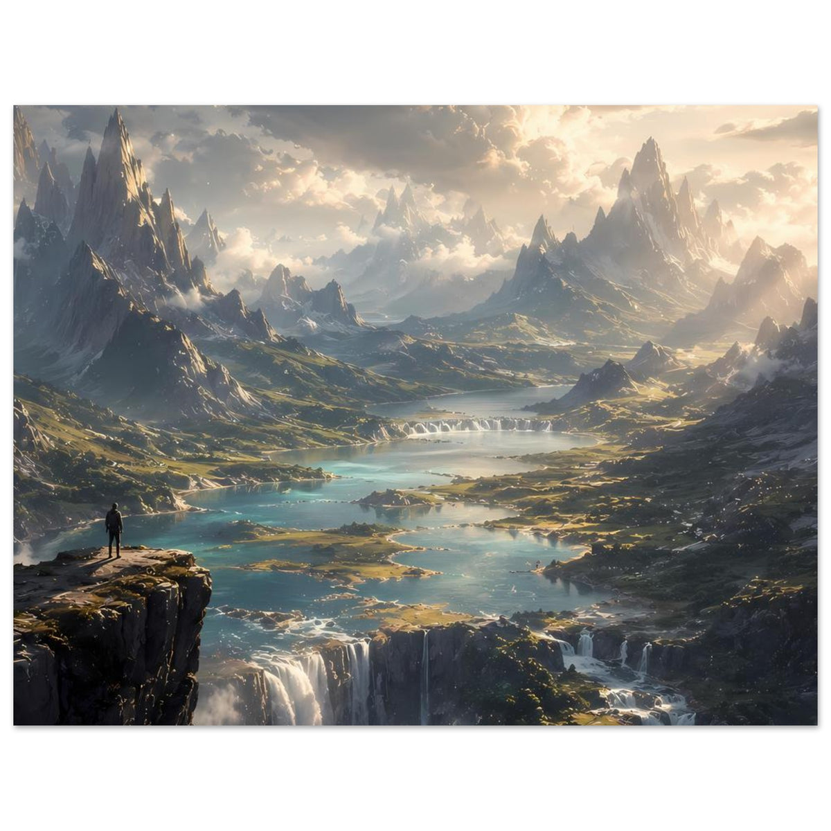 Poster mit Bergpanorama, gebogenem Fluss, Wasserfällen und goldigem Abendhimmel