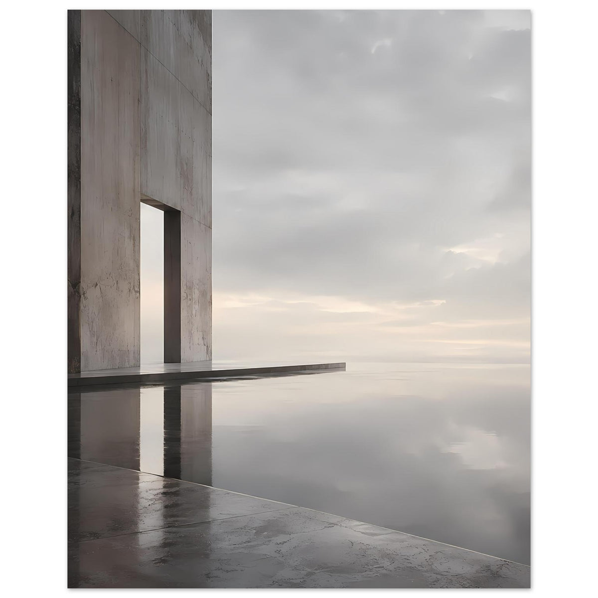 Poster mit Beton-Säule und reflektiertem Wasser, ruhige Grautöne, Hochformat