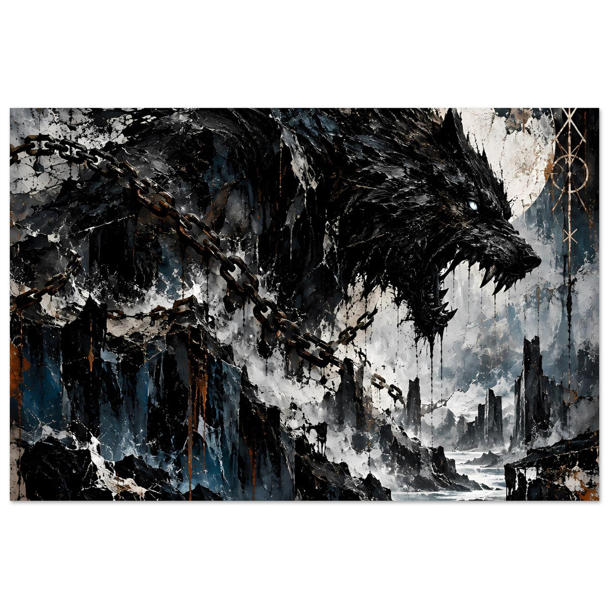 Poster mit Wolfsgesicht und Ketten, abstrakter Nebel- und Stadtlandschaft