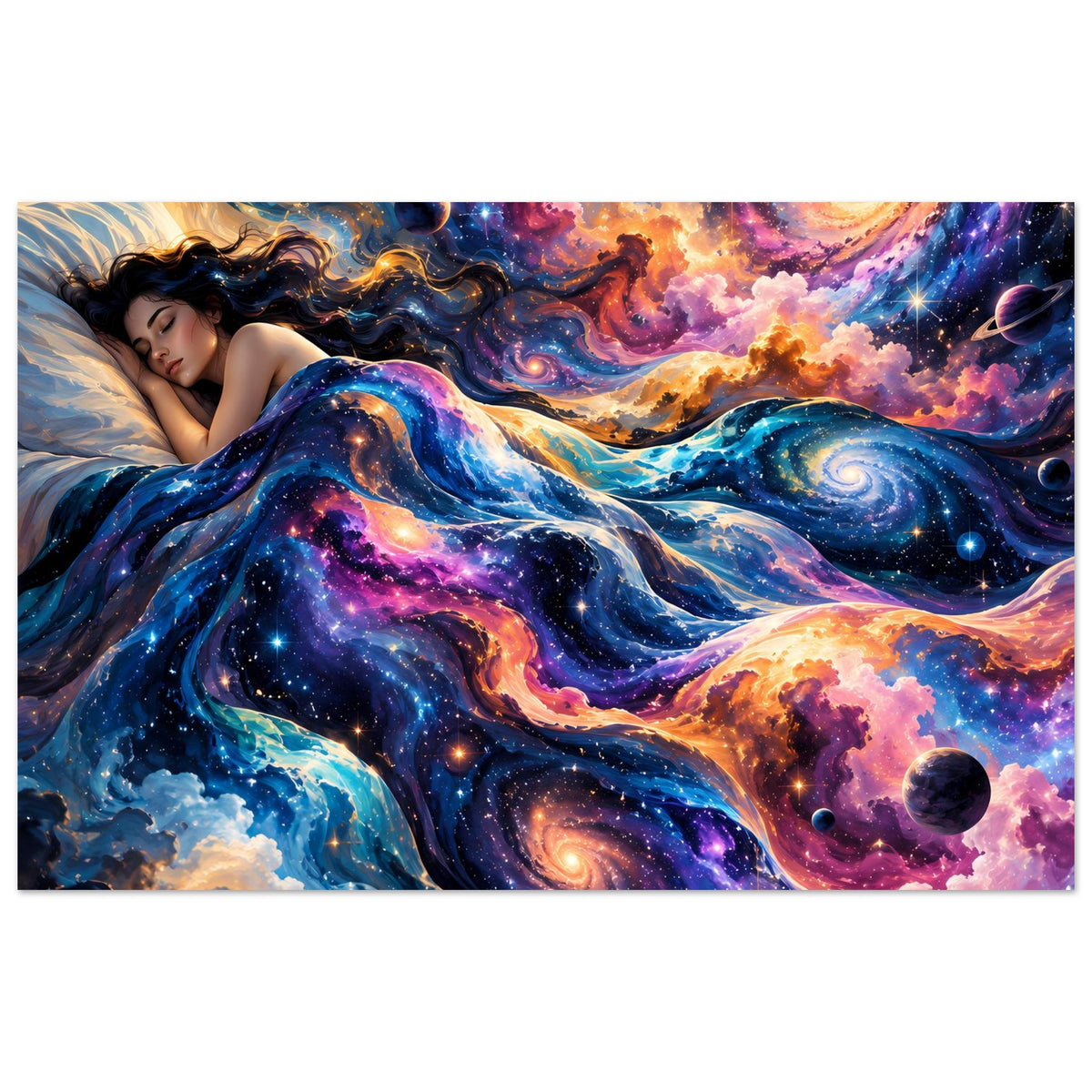Galaxie-Poster im Querformat: liegende Frau mit galaktischer Decke, Planeten und Nebel