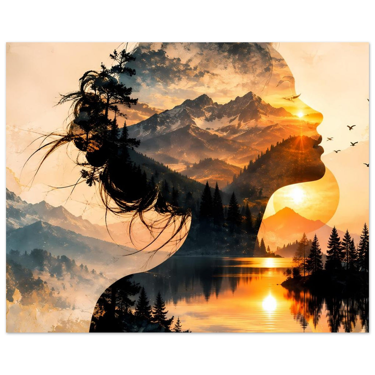 Poster mit Frauenprofil-Silhouette aus Bergsee-Landschaft und Sonnenuntergangshimmel