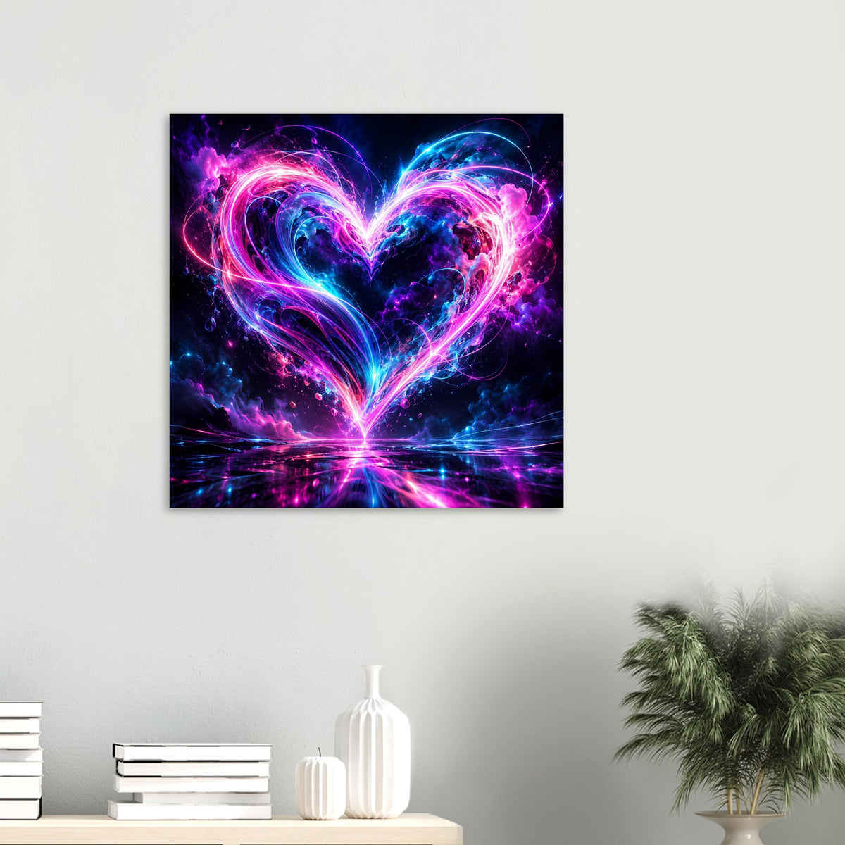 Kunstposter im Quadratformat mit leuchtendem Neon-Herz in Pink und Blau