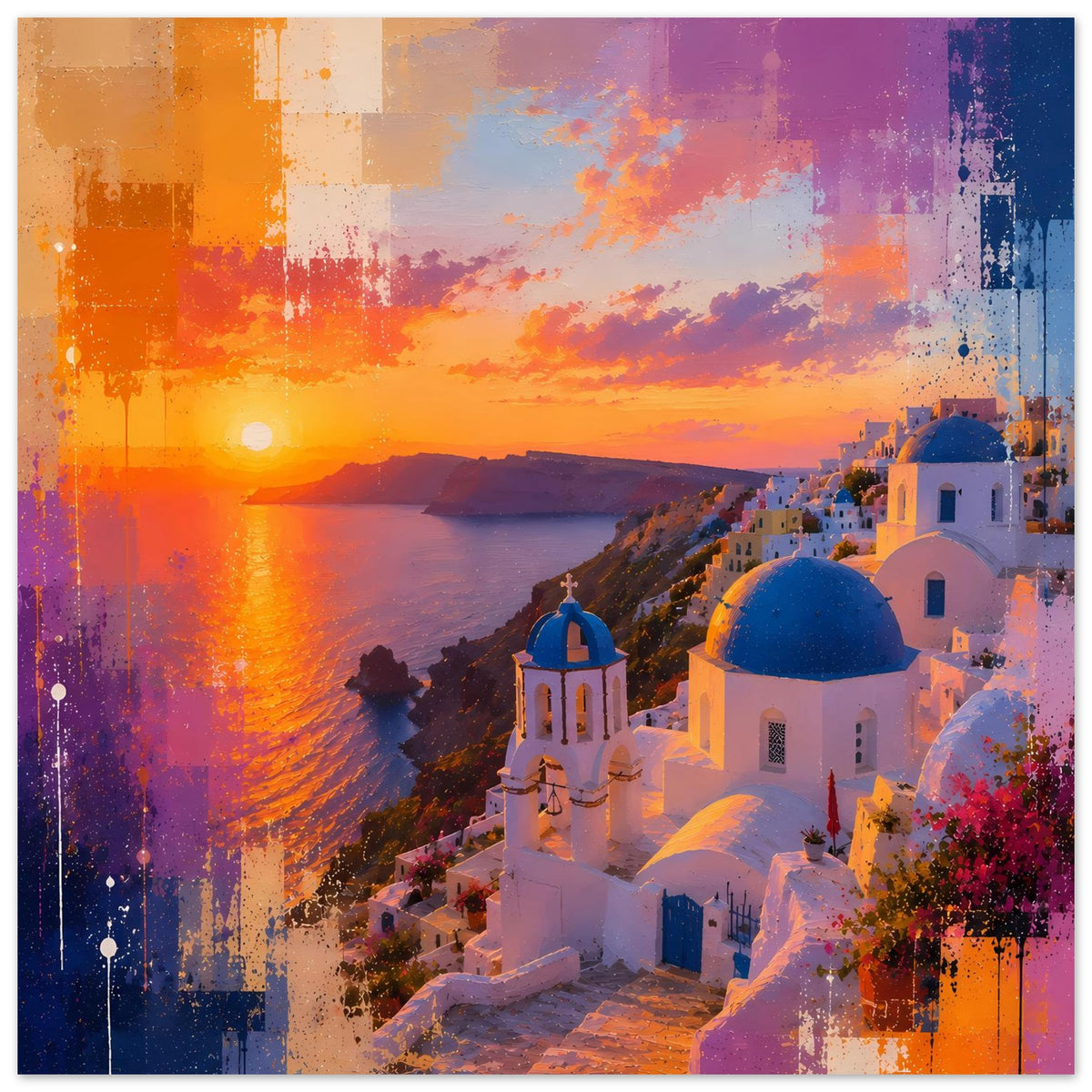 Wandposter mit Küstenansicht im Sonnenuntergang, farbige Sprenkel und Kirche mit Glockenturm