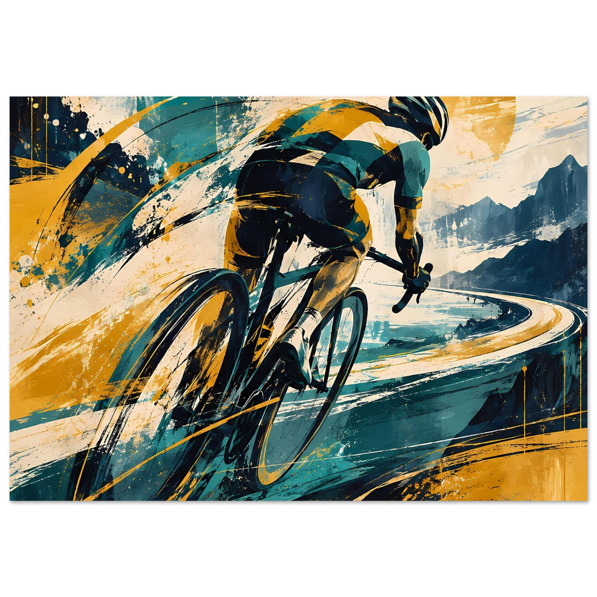 Sportposter im Querformat: Radfahrer im Anflug auf kurvige Straße, abstrakte Blau-Gelb-Spritzer
