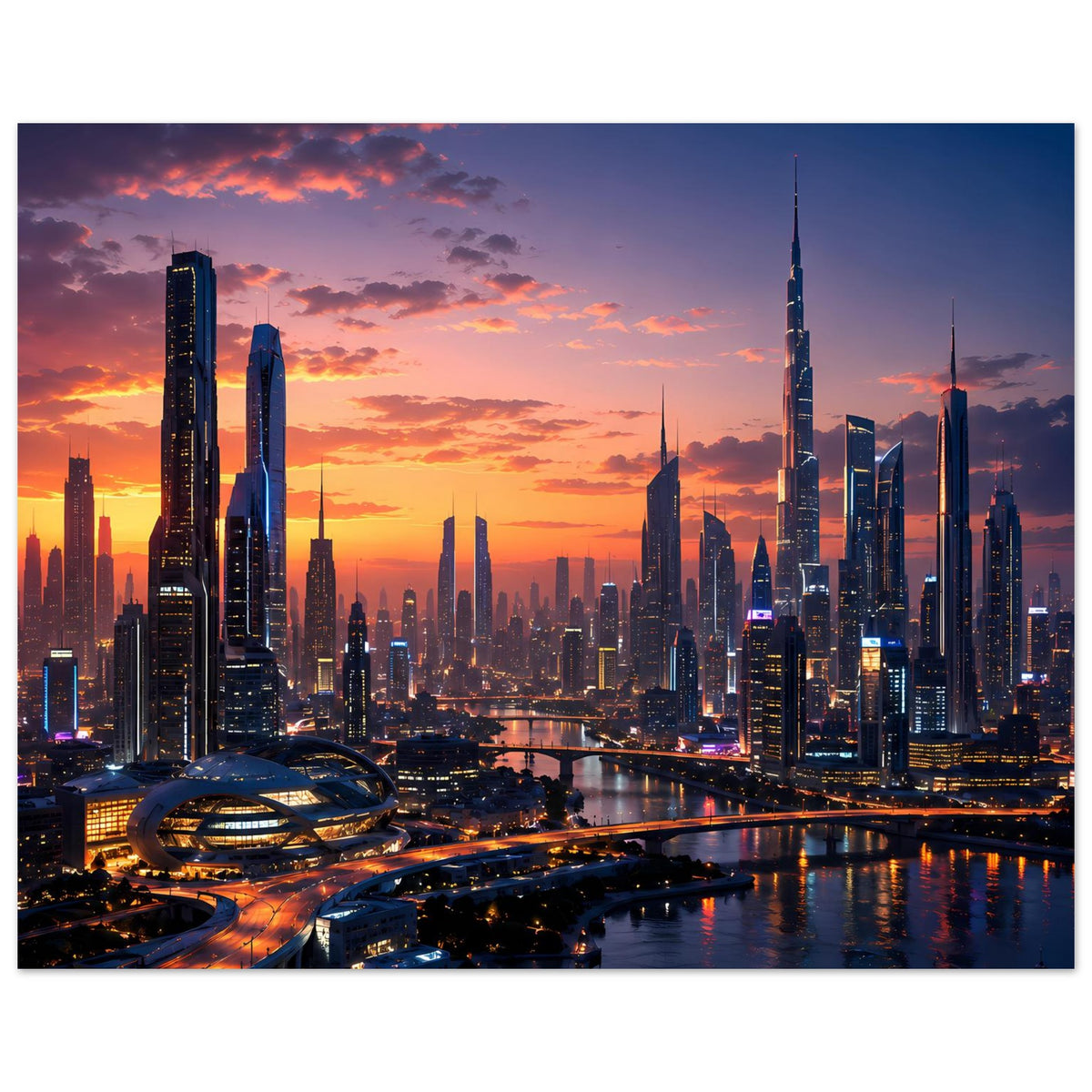 Querformatiges Skyline-Sonnenuntergangs-Poster mit Abendhimmel über Wolkenkratzern